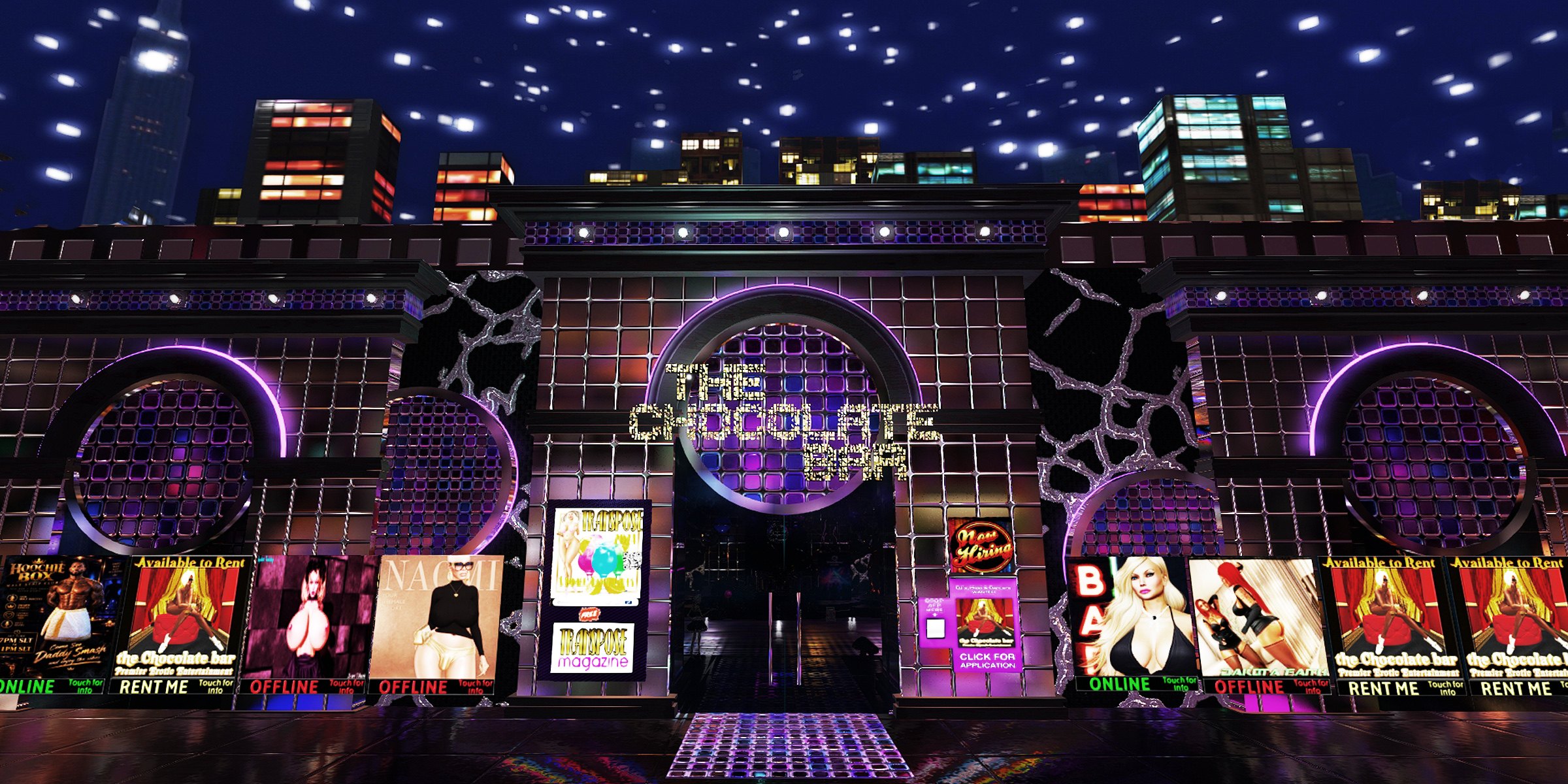 The front of The Chocolate Bar at night, with mirrored walls, purple neon, gold lettering and a city skyline behind